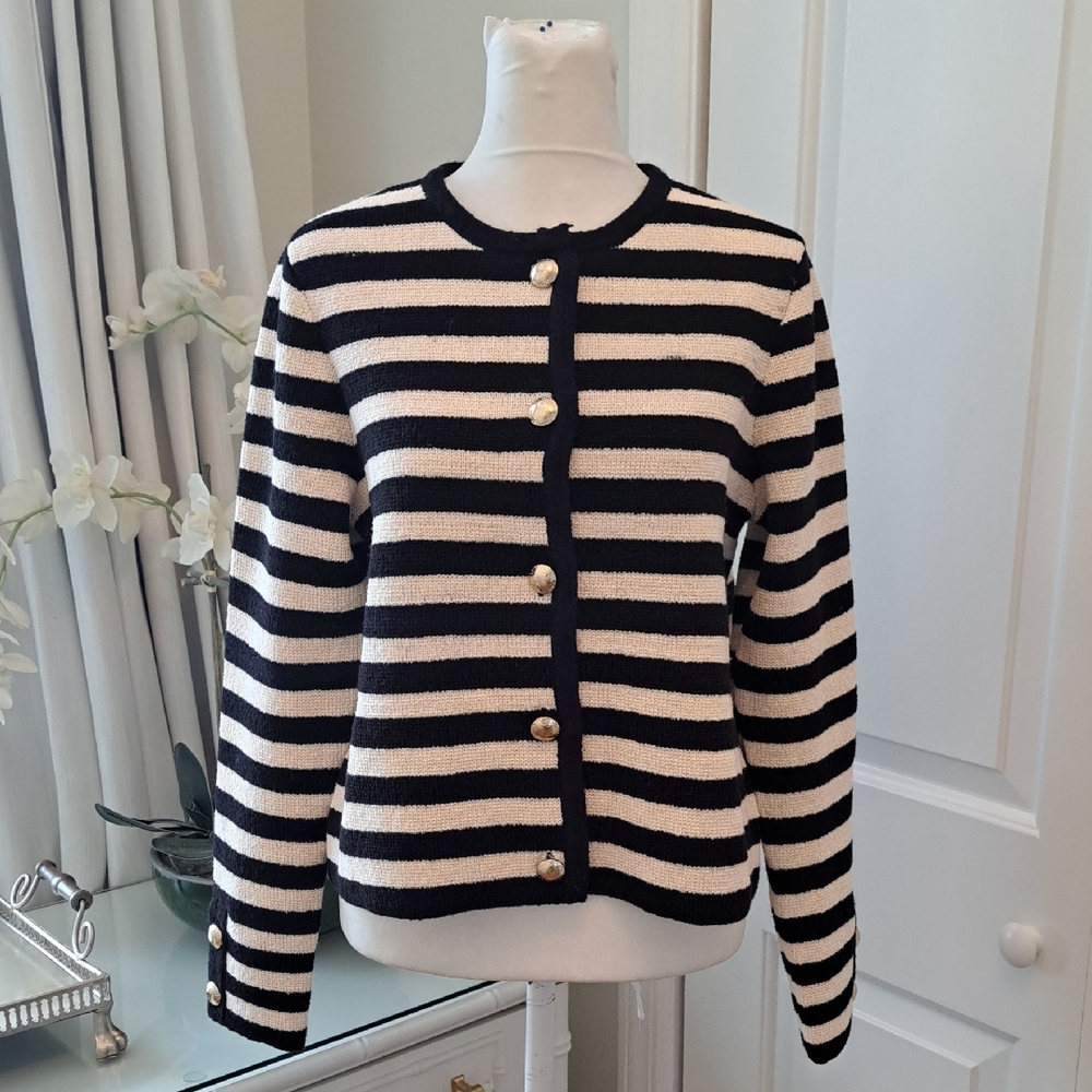 NWOT H&M Womens Black/Ivory Striped Knit Short‎ Cardigan Sweater SM